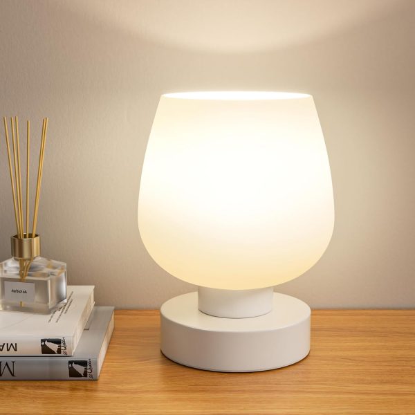 Touch Table Lamp for Nightstand - Small Bedside Lamp for Bedroom Living Room Night Stands, Desk Lamp with White Glass Shade for Small Spaces, 3 Way Dimmable, LED Bulbs, Gifts