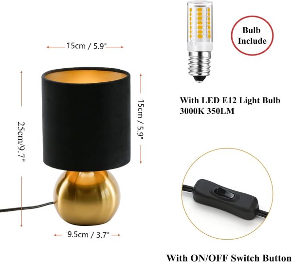 Small Bedside Lamp, Mid Century Lamp with Brass Base, Nightstand Table Lamp for Bedroom, Living Room, Bookshelf, Modern Accent Mini Table Lights Black Plastic Fabric Shade - Image 2