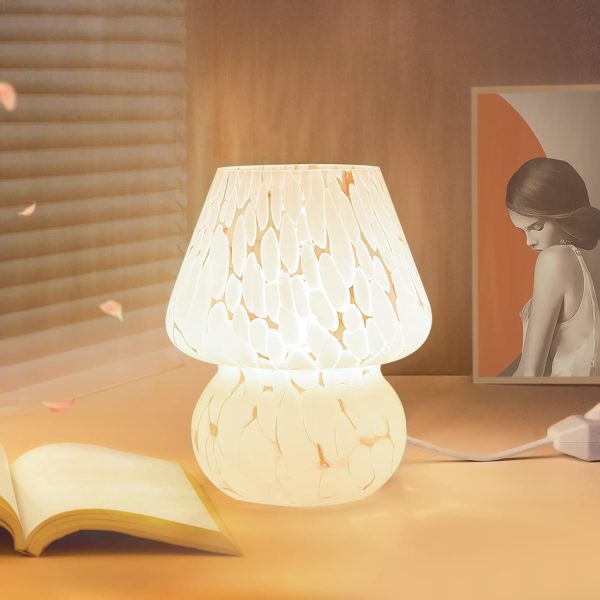 Cute Mushroom Lamp Small Bedside Table Lamp Set of 2 Stepless Dimmable, Translucent Glass White Nightstand Lamp for Bedroom Dorm Kids Room Living Kitchen, Murano Aesthetic Home Decor - Image 2