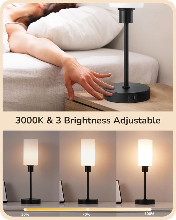19" Glass Table Lamp with Full Body Touch Control, Modern Bedside Lamp, 3-Stage Dimmable & USB-A+Type-C Charging Ports, Nightstand Lamp for Living Room, Bedroom (Black) - Image 2