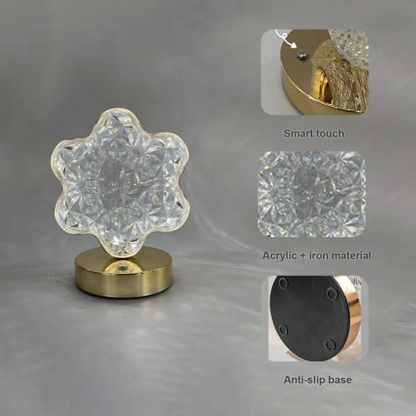 Flower Table Lamp, 3 Colors Stepless Dimmable Touch Lamp, USB Rechargeable Night Light, Crystal Flower Bedside Lamp, Gold Vintage Light Nightstand Lamp for Bedroom Living Room Home Decor - Image 2